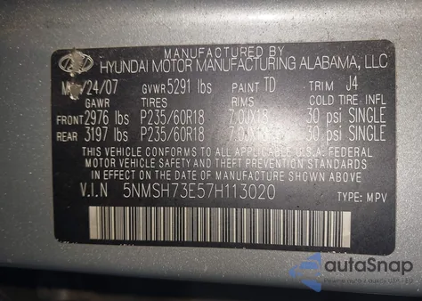 2007 Hyundai Santa Fe Limited/Se z USA, uszkodzony, nr VIN 5NMSH73E57H113020